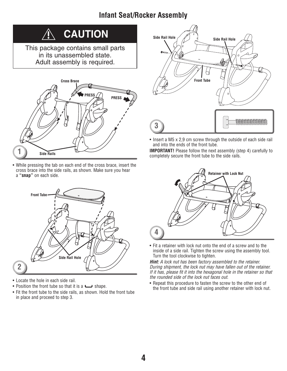 Caution, Infant seat/rocker assembly | Fisher-Price P6946 User Manual | Page 4 / 16