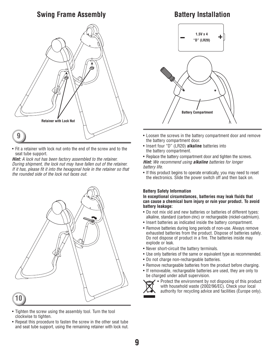 Swing frame assembly, Battery installation | Fisher-Price P6946 User Manual | Page 9 / 16