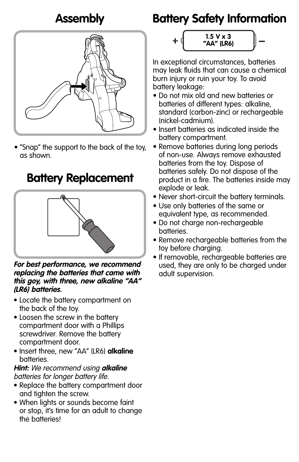 Assembly, Battery replacement, Battery safety information | Fisher-Price L6357 User Manual | Page 2 / 4