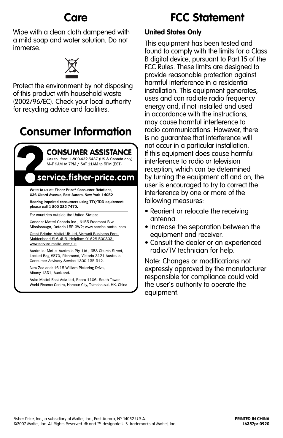 Care fcc statement, Consumer information | Fisher-Price L6357 User Manual | Page 4 / 4