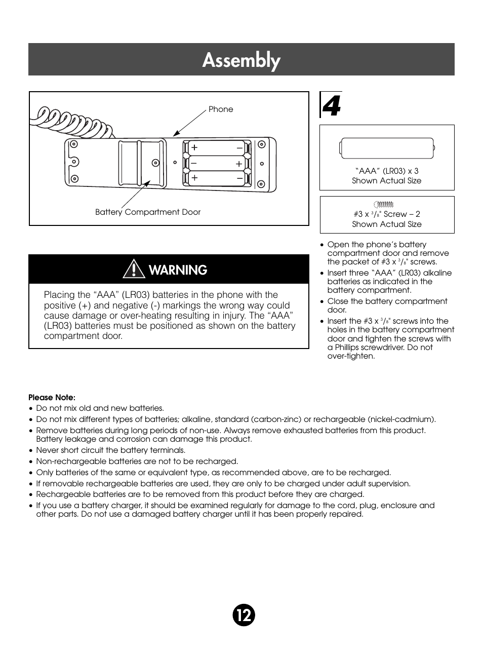 Assembly, Warning | Fisher-Price SUPER TALK! 76960 User Manual | Page 12 / 48