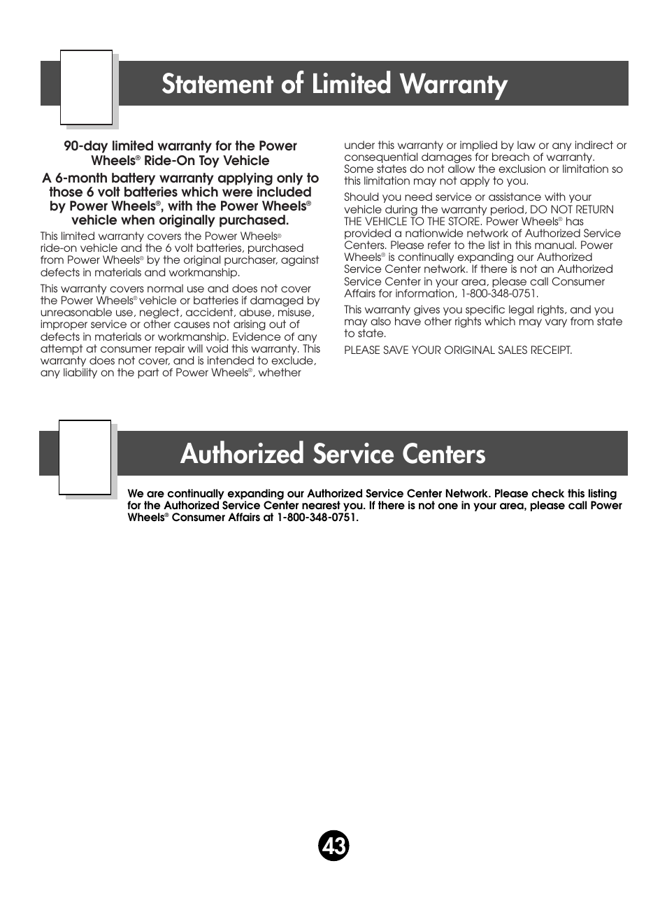 Statement of limited warranty, Authorized service centers | Fisher-Price SUPER TALK! 76960 User Manual | Page 43 / 48