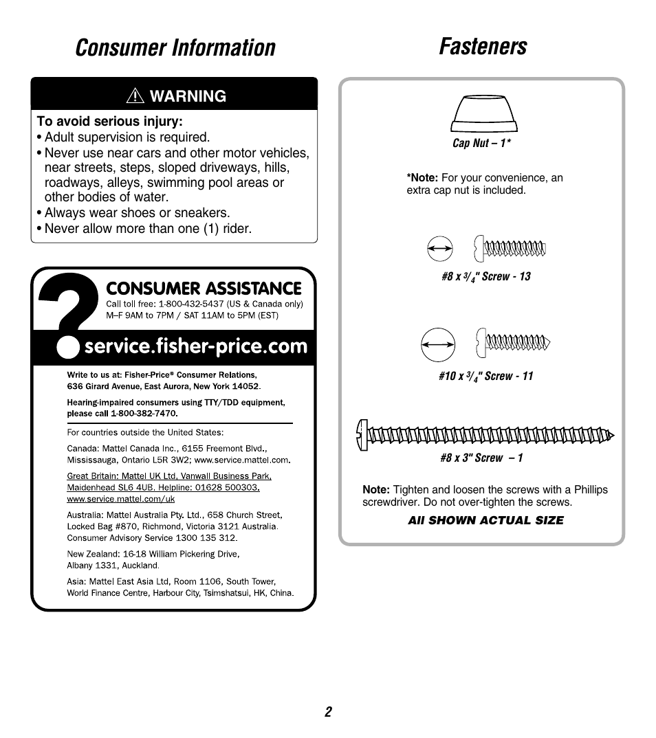 Fasteners, Consumer information, Warning | Fisher-Price 73528 User Manual | Page 2 / 12