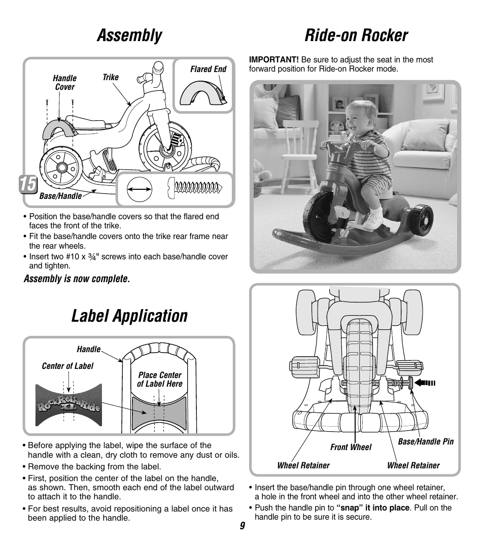 Ride-on rocker, Label application, Assembly | Fisher-Price 73528 User Manual | Page 9 / 12