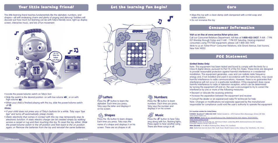 Letters, Numbers, Shapes | Music | Fisher-Price K7926 User Manual | Page 2 / 2