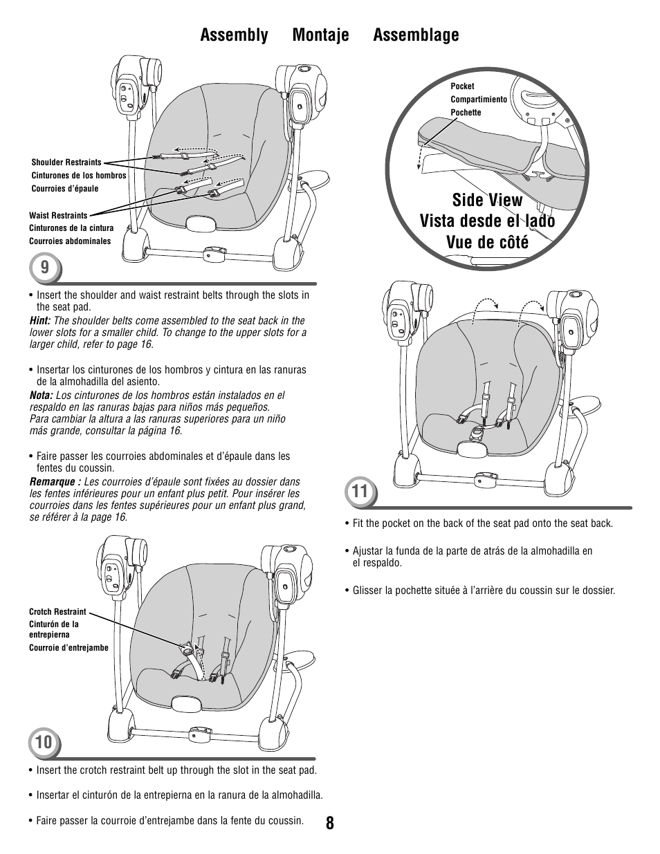 8assembly montaje assemblage 9 10, Side view | Fisher-Price T8377 User Manual | Page 8 / 20