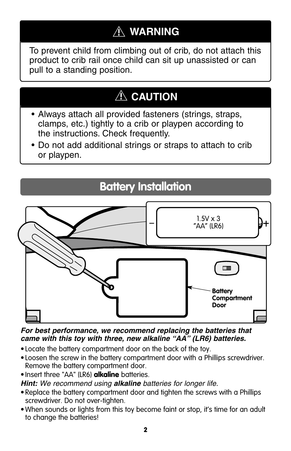 Battery installation, Warning, Caution | Fisher-Price LINK-A-DOO C4504 User Manual | Page 2 / 6