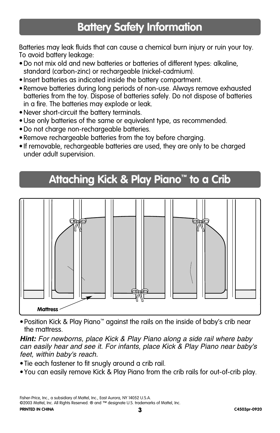 Battery safety information, Attaching kick & play piano | Fisher-Price LINK-A-DOO C4504 User Manual | Page 3 / 6