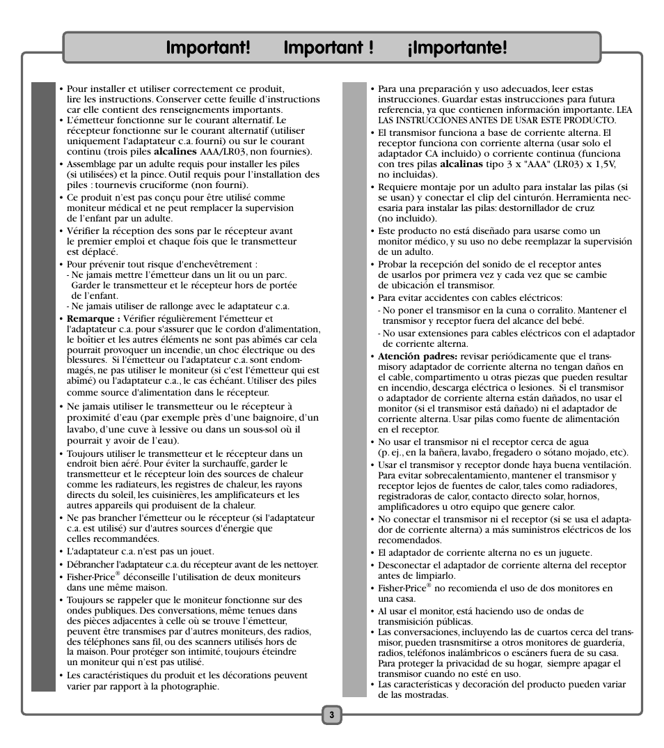 Important! important ! ¡importante | Fisher-Price K4073 User Manual | Page 3 / 20