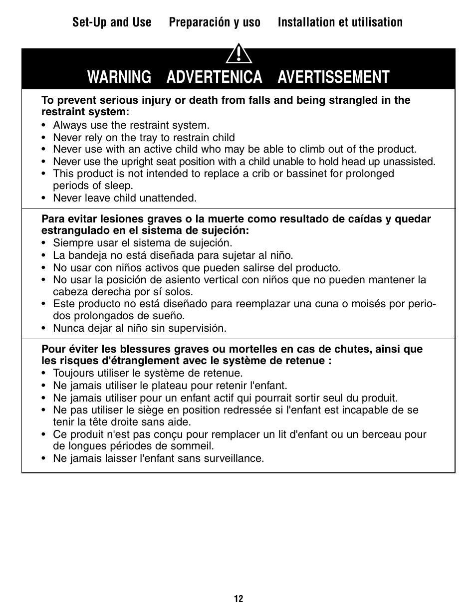 Warning advertenica avertissement | Fisher-Price R9951 User Manual | Page 12 / 24