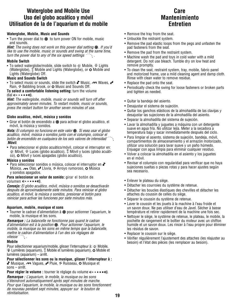 Care mantenimiento entretien | Fisher-Price R9951 User Manual | Page 19 / 24