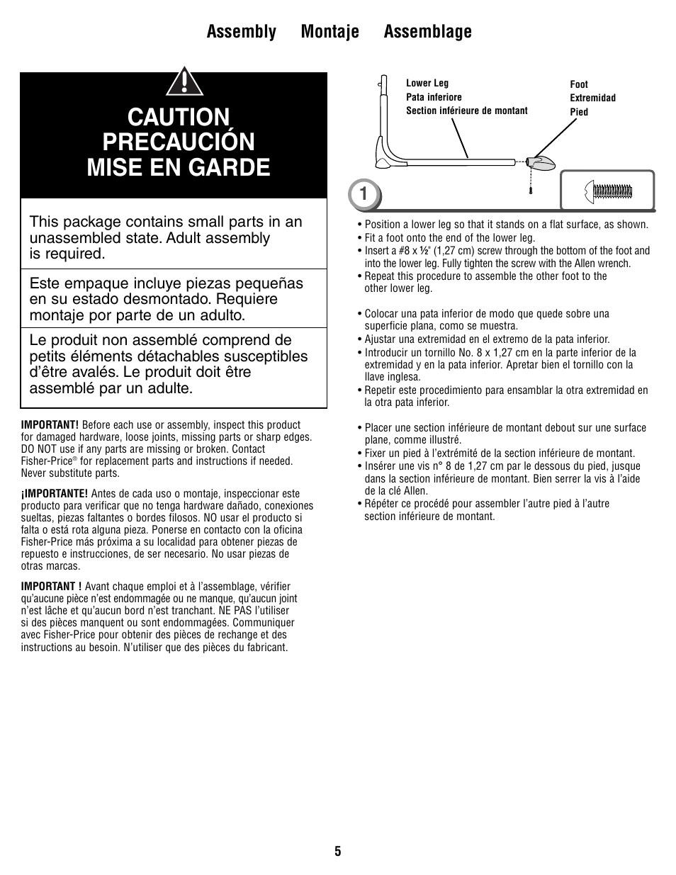 Caution precaución mise en garde, Assembly montaje assemblage | Fisher-Price R9951 User Manual | Page 5 / 24
