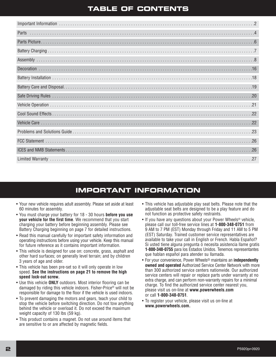 Important information table of contents | Fisher-Price FORD MUSTANG P5920 User Manual | Page 2 / 28