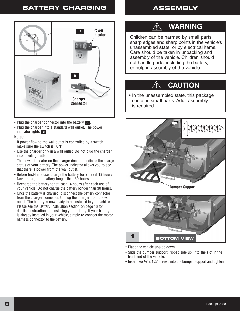 Warning, Caution, 1battery charging | Assembly | Fisher-Price FORD MUSTANG P5920 User Manual | Page 8 / 28
