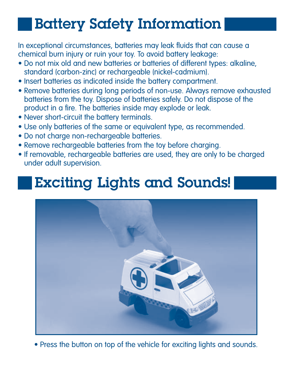 Battery safety information, Exciting lights and sounds | Fisher-Price L6377 User Manual | Page 3 / 4