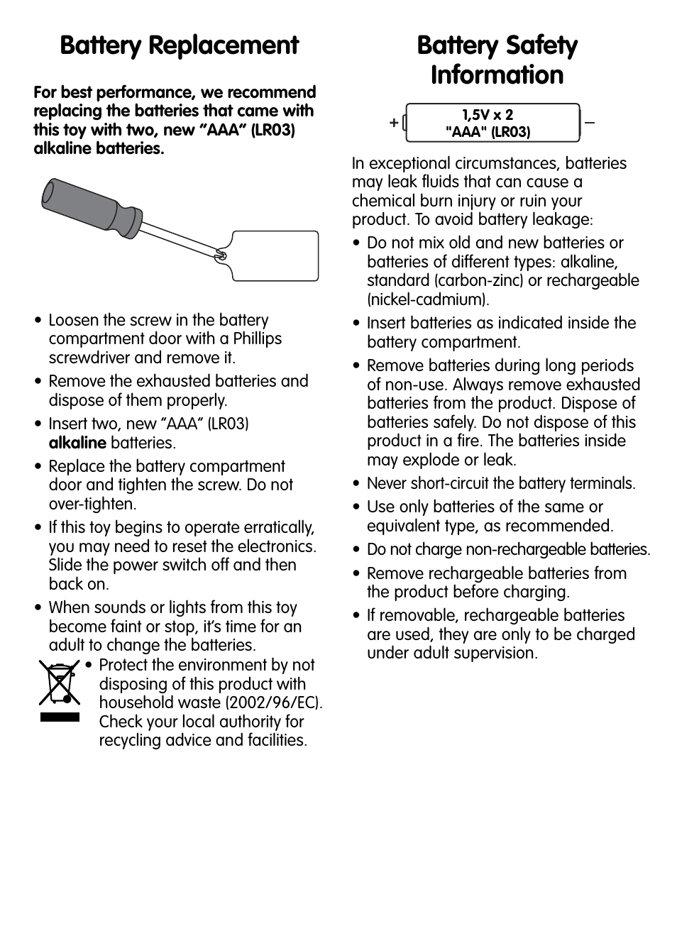 Battery replacement, Battery safety information | Fisher-Price W9739 User Manual | Page 2 / 4