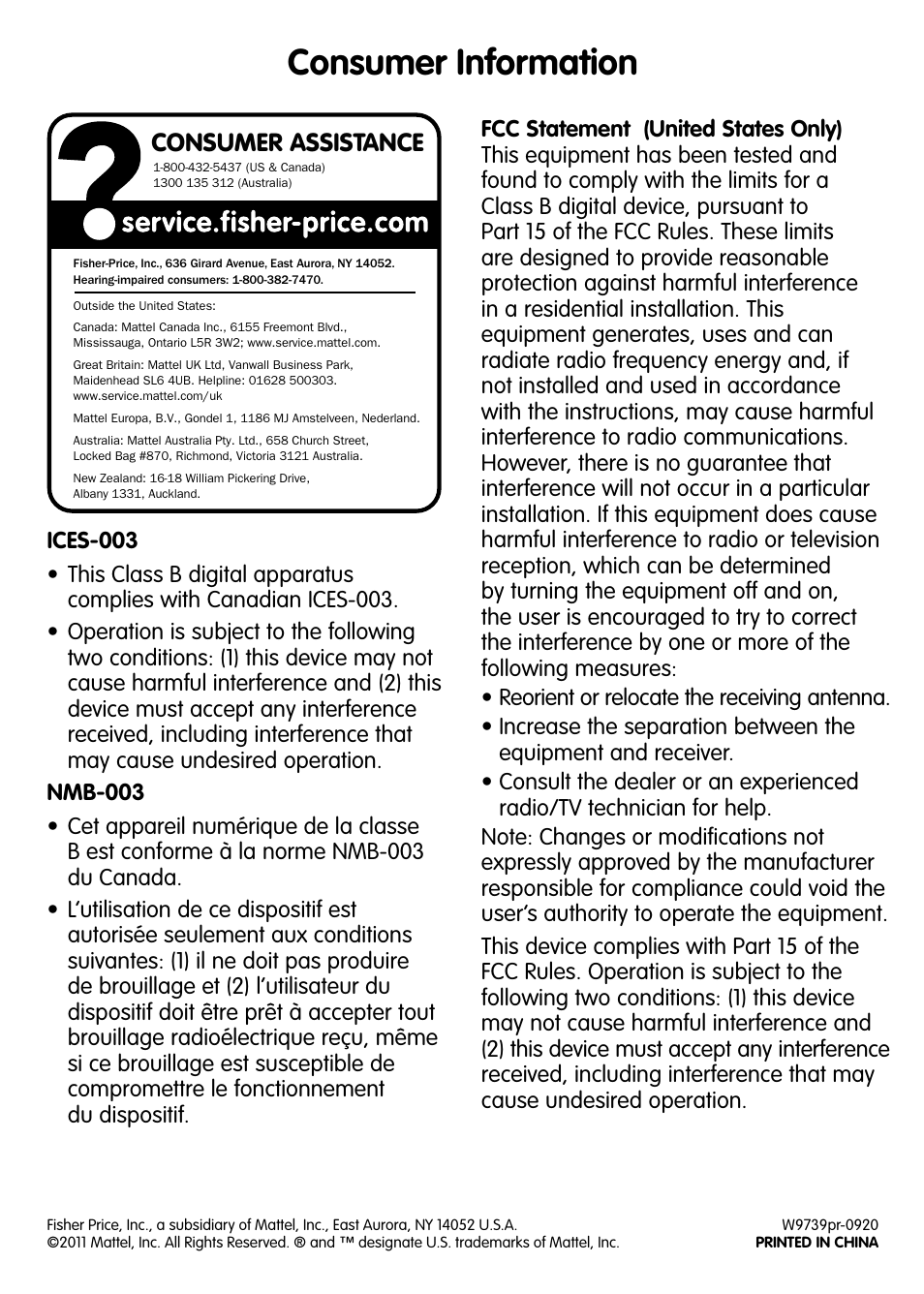 Consumer information, Consumer assistance | Fisher-Price W9739 User Manual | Page 4 / 4