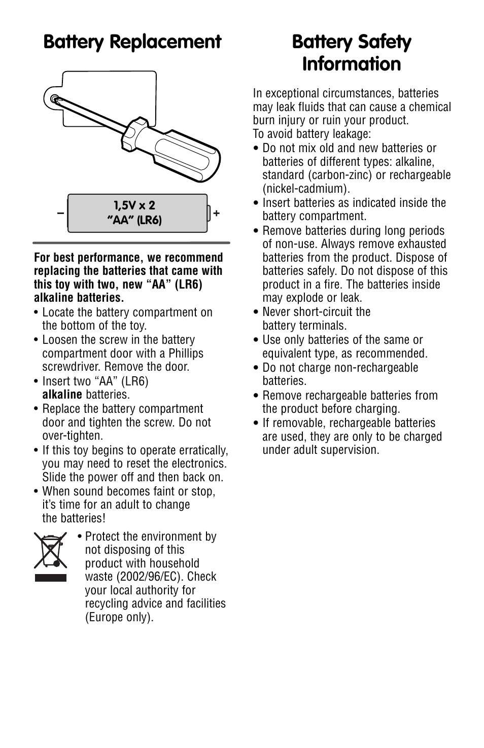 Battery replacement, Battery safety information | Fisher-Price J4419 User Manual | Page 2 / 4