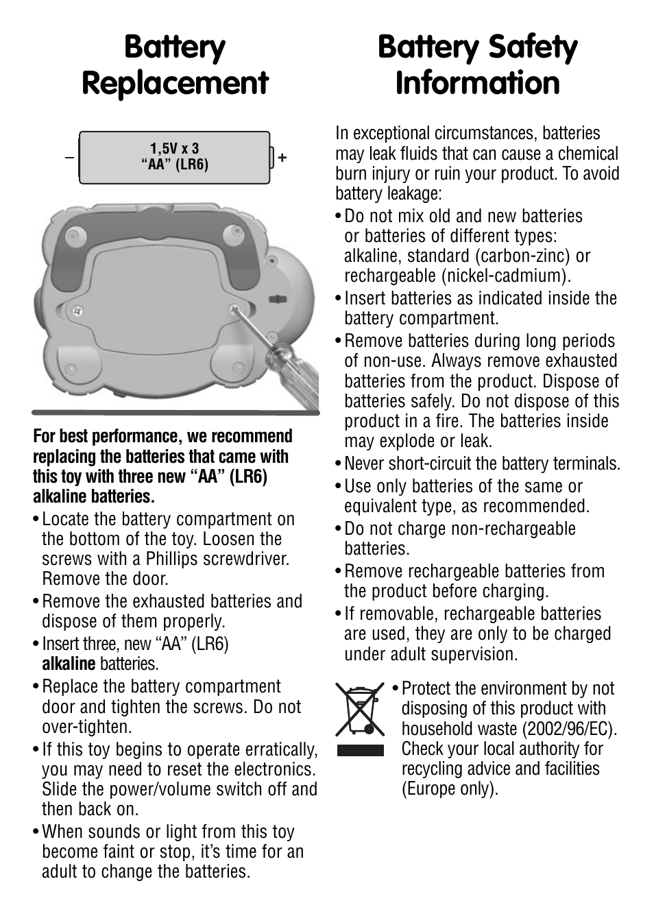 Battery replacement, Battery safety information | Fisher-Price Musical Nightlight W2783 User Manual | Page 2 / 4