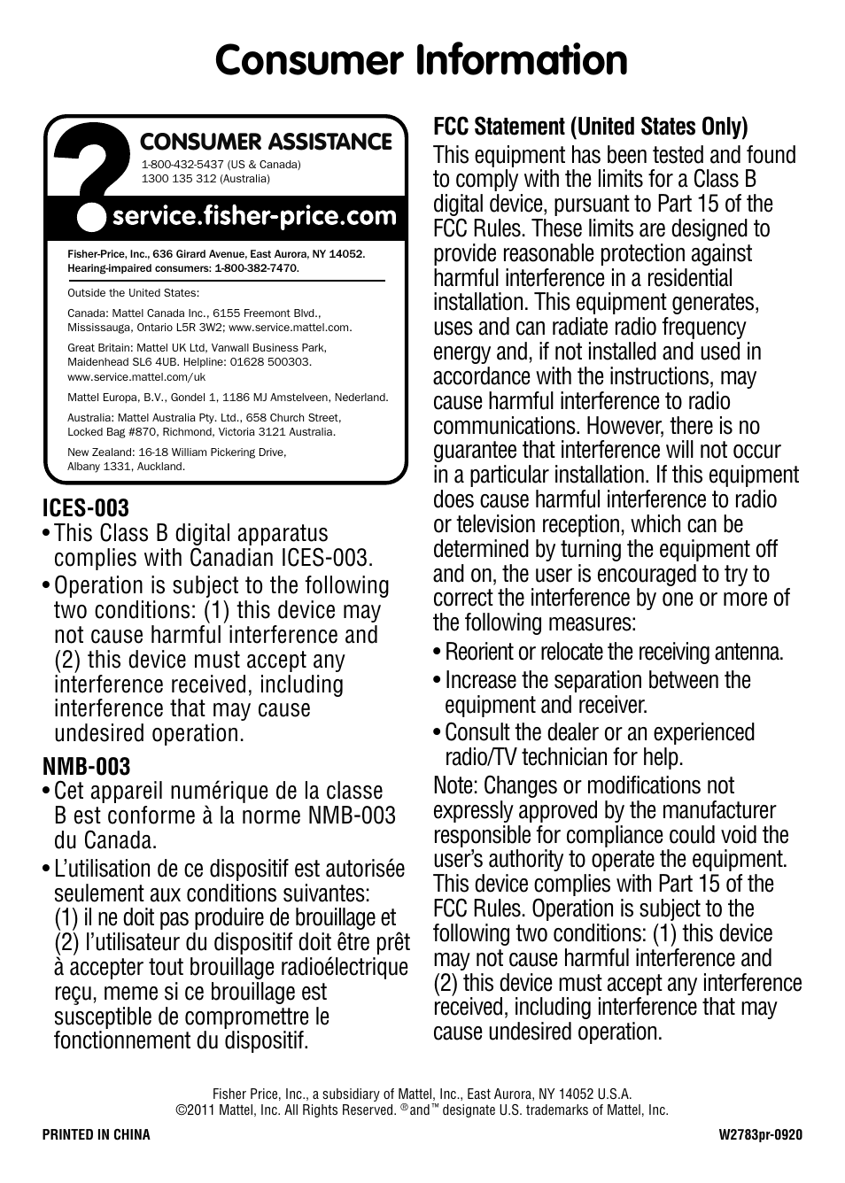 Consumer information | Fisher-Price Musical Nightlight W2783 User Manual | Page 4 / 4
