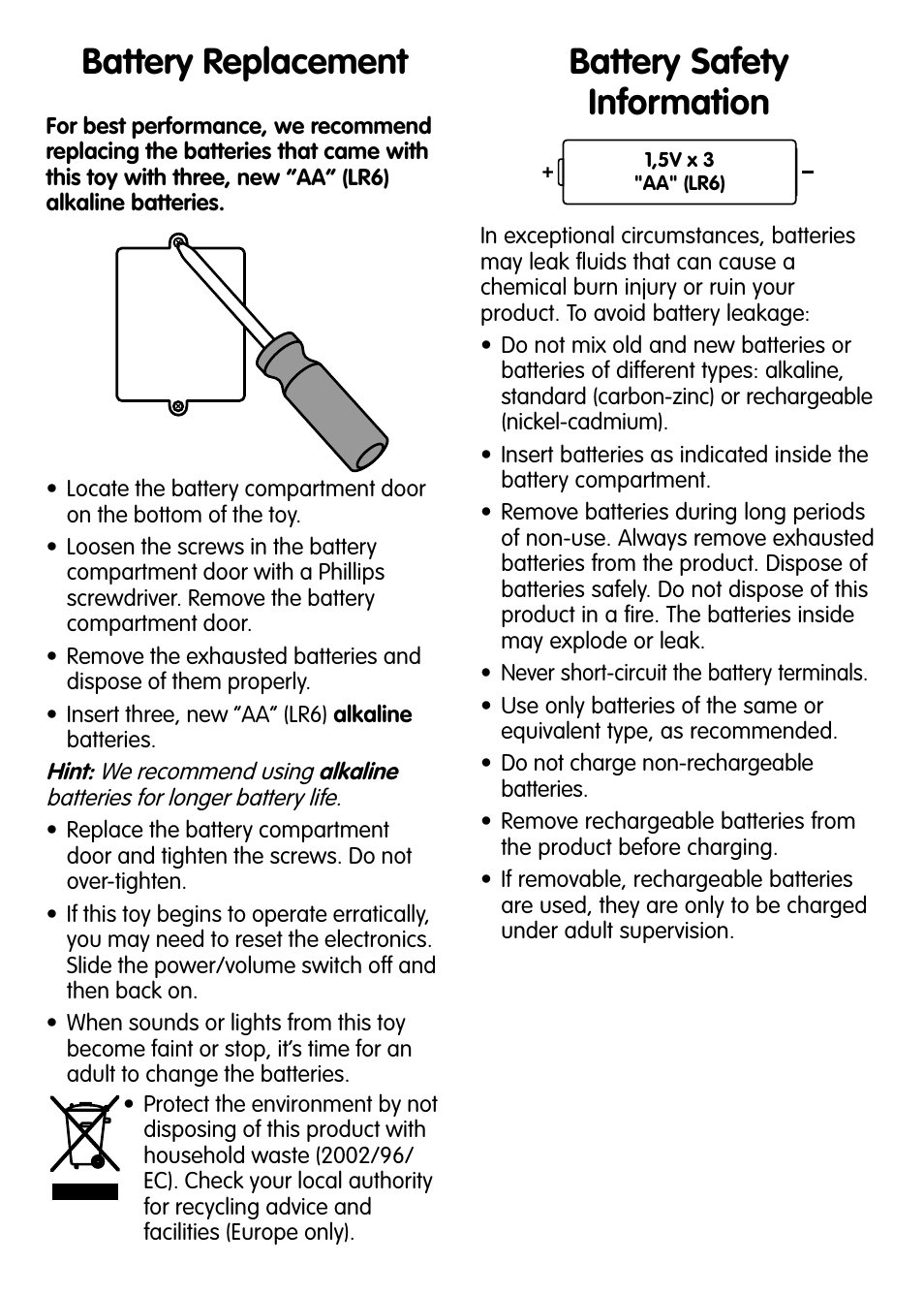 Battery replacement, Battery safety information | Fisher-Price V2769 User Manual | Page 2 / 4