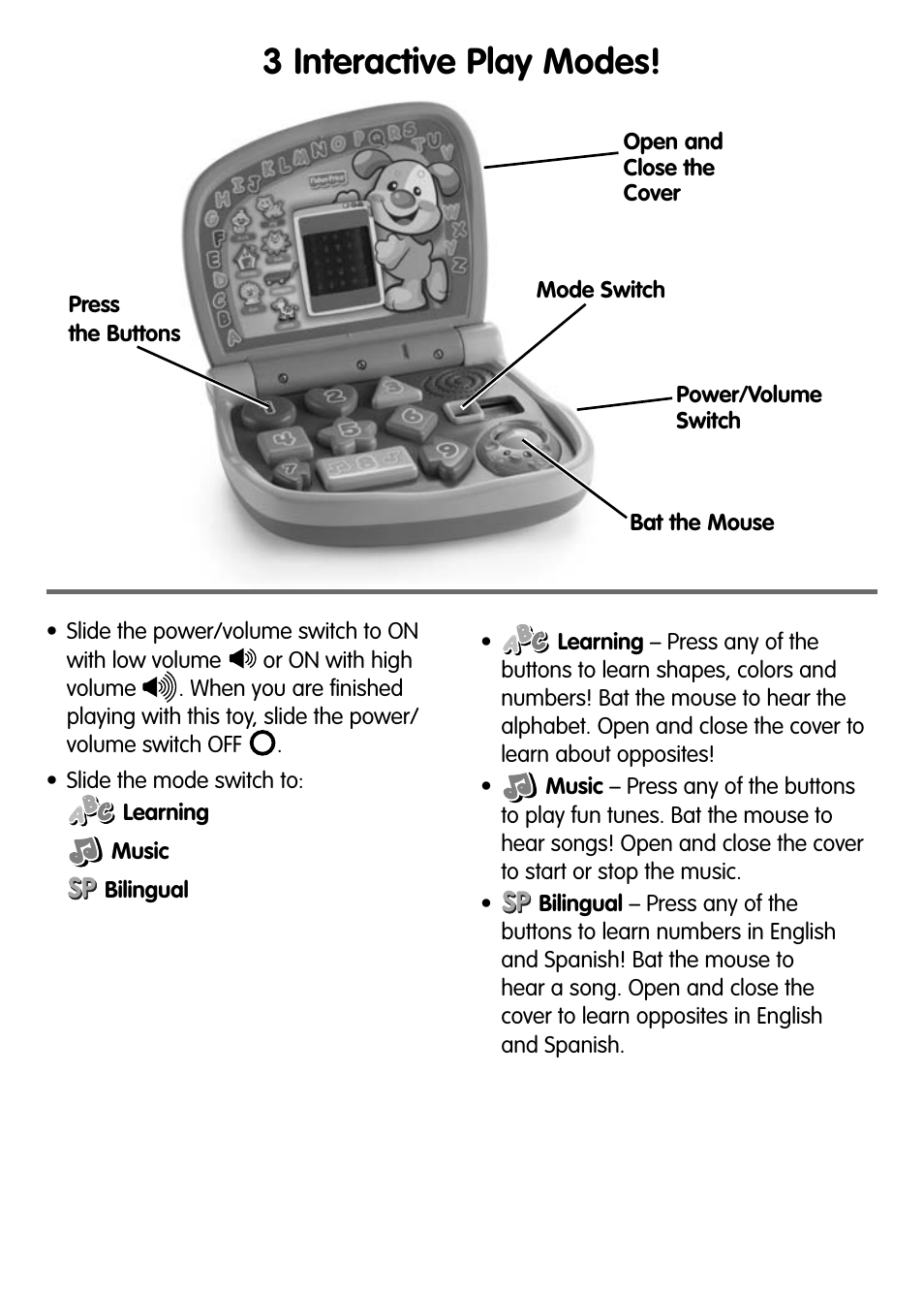 3 interactive play modes! y y | Fisher-Price V2769 User Manual | Page 3 / 4