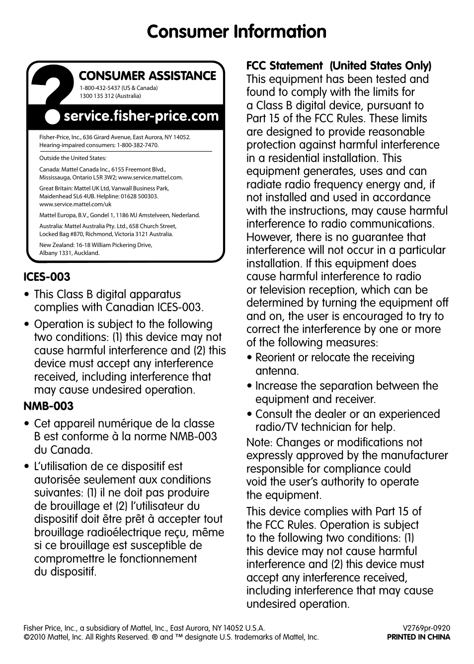 Consumer information, Consumer assistance | Fisher-Price V2769 User Manual | Page 4 / 4