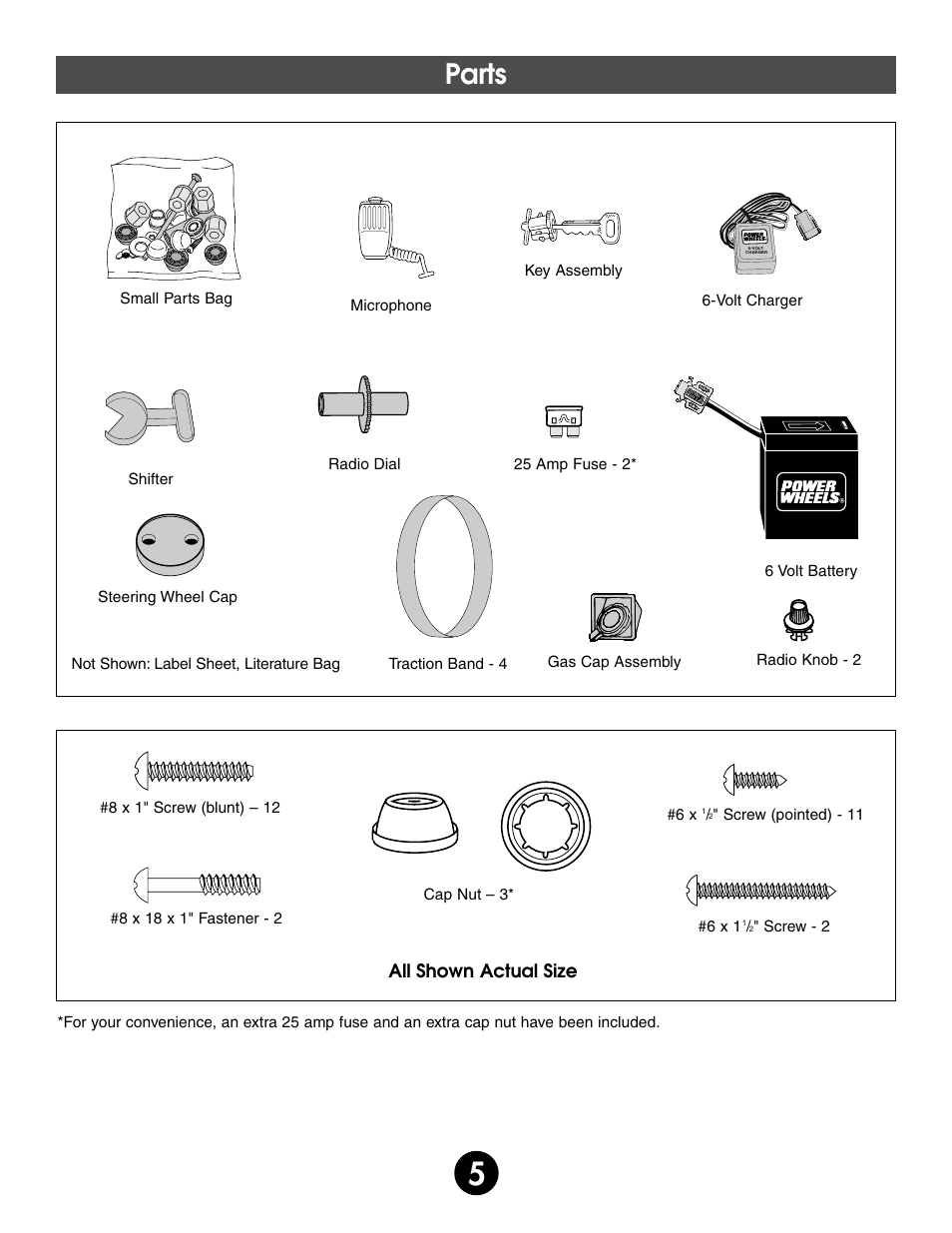 Parts, All shown actual size | Fisher-Price BARBIE SPLASH 74350 User Manual | Page 5 / 28