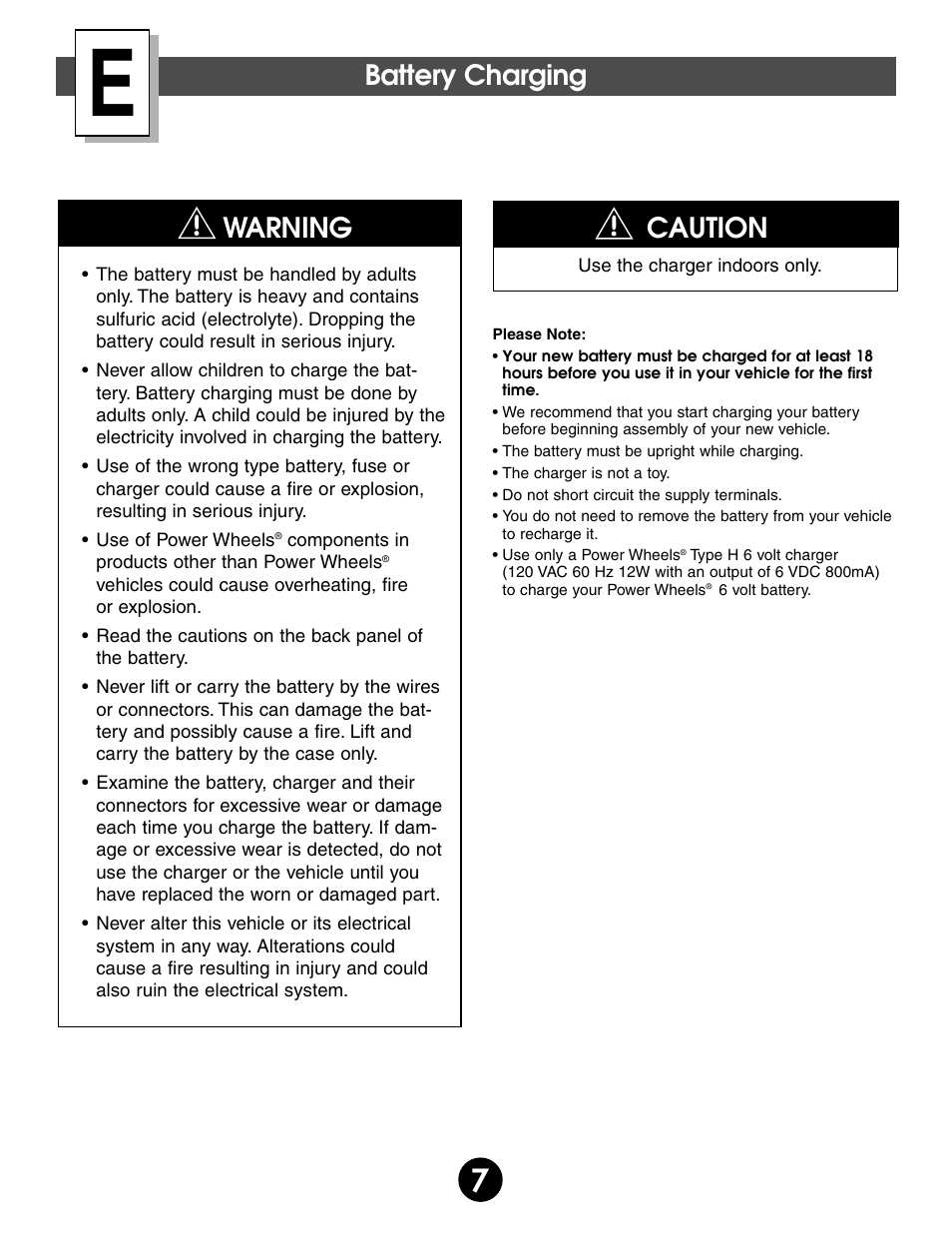 Warning, Battery charging, Caution | Fisher-Price BARBIE SPLASH 74350 User Manual | Page 7 / 28