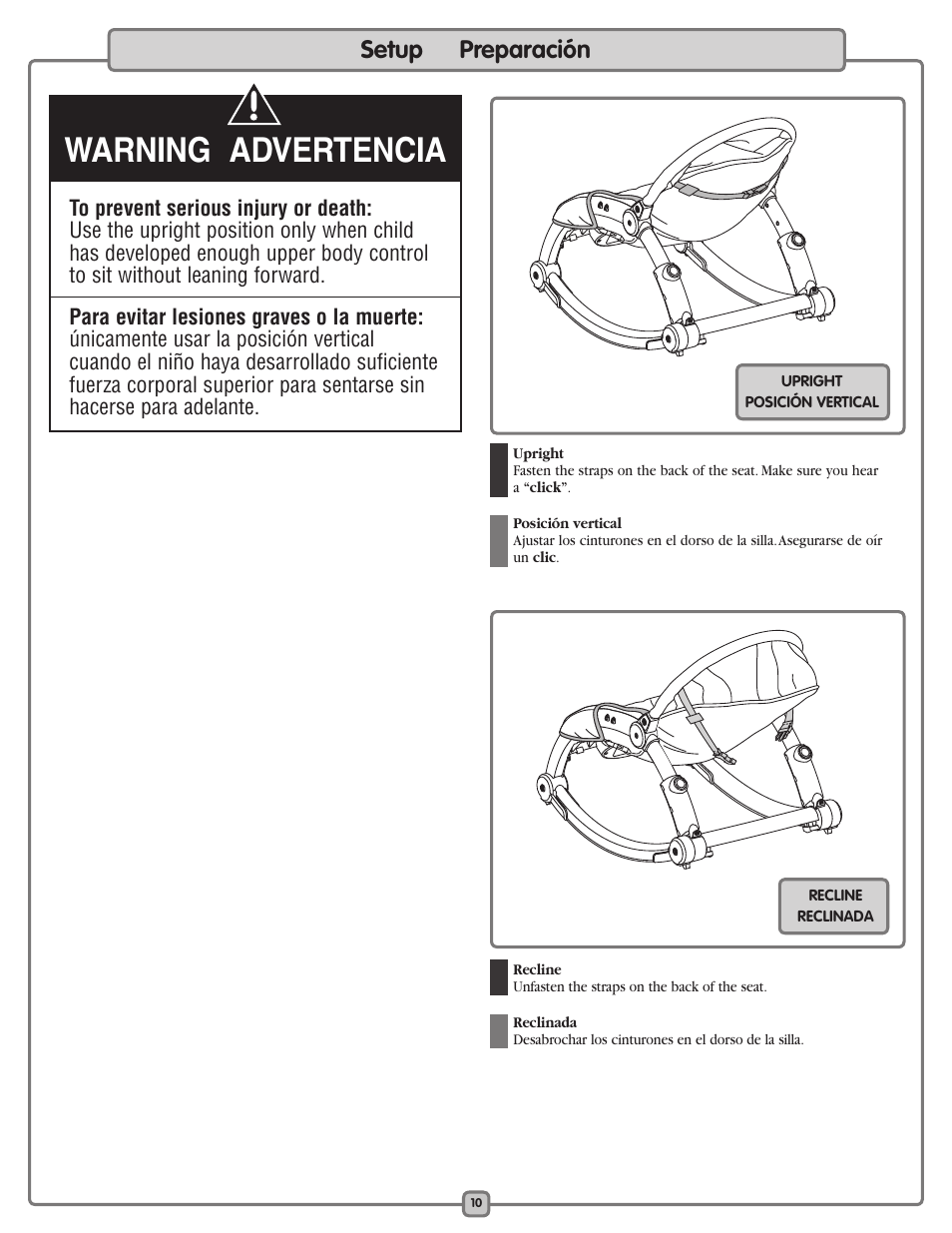 Warning advertencia, Setup preparación | Fisher-Price K5502 User Manual | Page 10 / 16