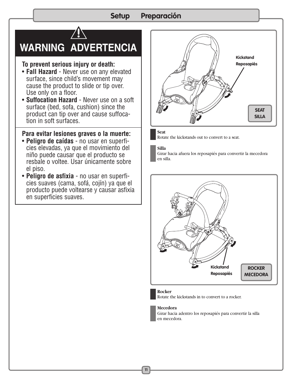 Warning advertencia, Setup preparación | Fisher-Price K5502 User Manual | Page 11 / 16