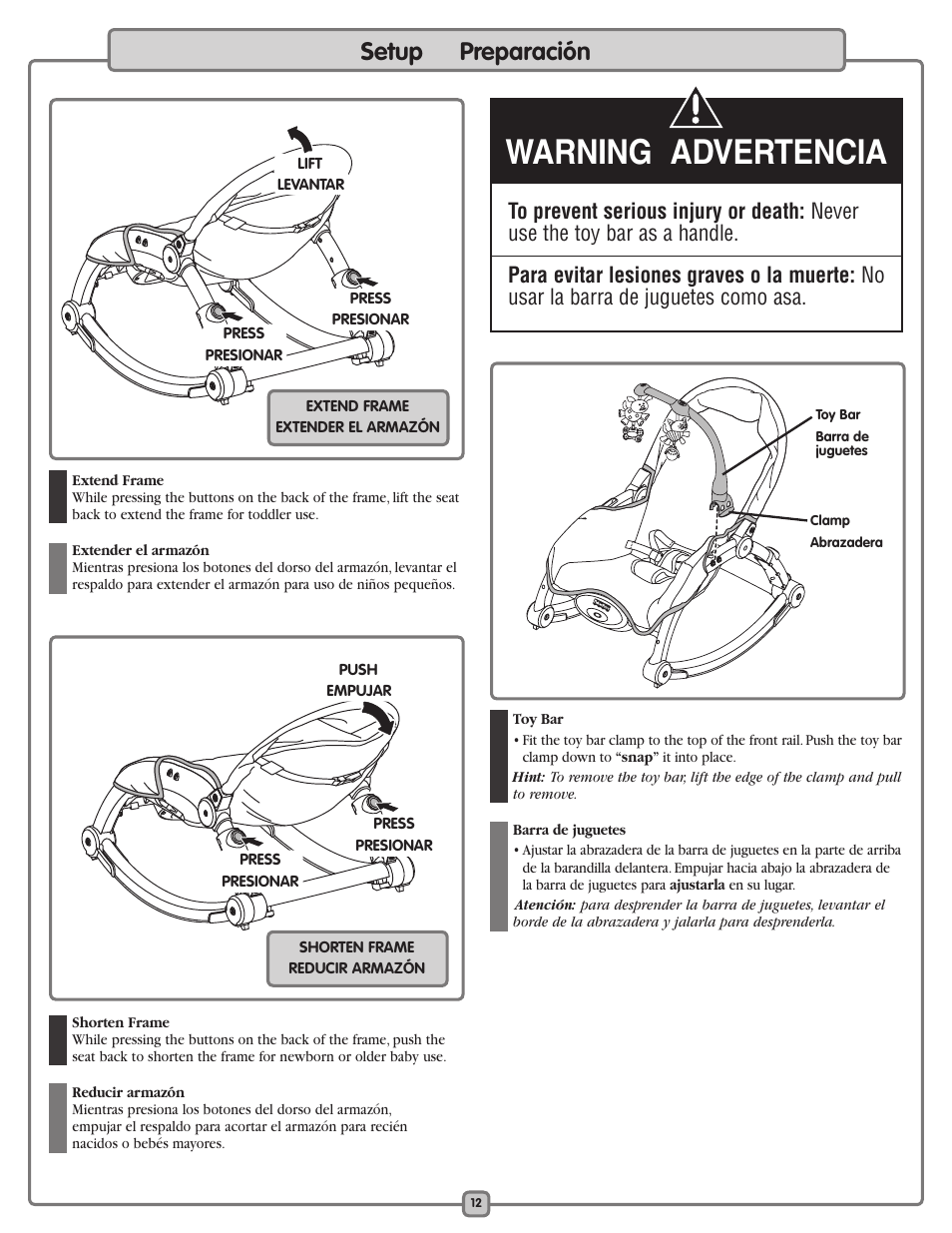 Warning advertencia, Setup preparación | Fisher-Price K5502 User Manual | Page 12 / 16