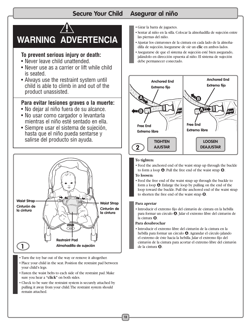 Warning advertencia, Secure your child asegurar al niño | Fisher-Price K5502 User Manual | Page 13 / 16