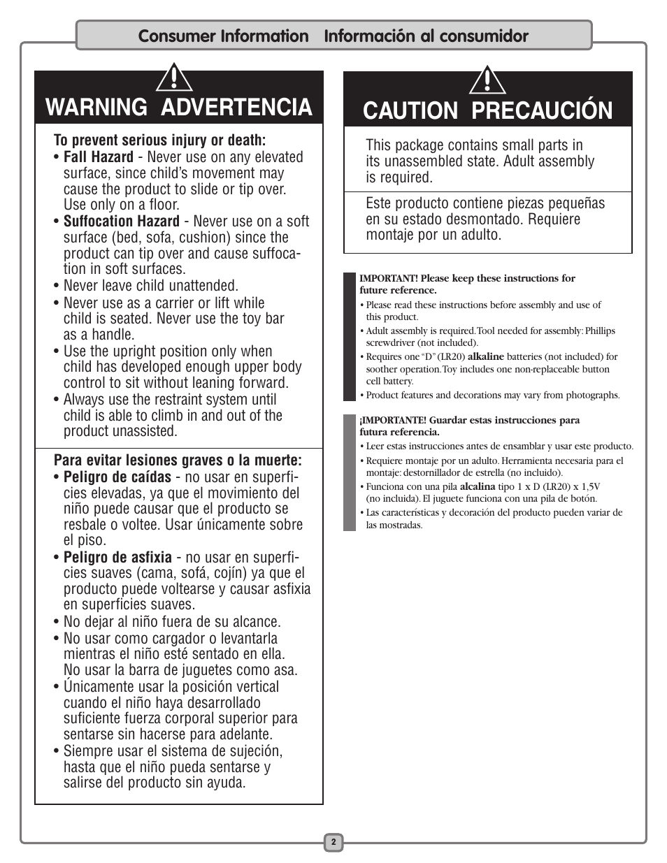 Warning advertencia, Caution precaución, Consumer information información al consumidor | Fisher-Price K5502 User Manual | Page 2 / 16