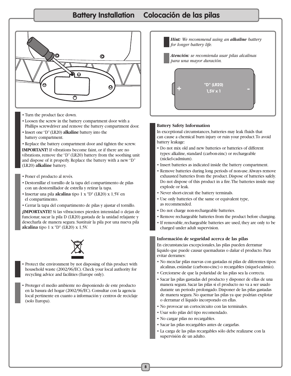 Battery installation colocación de las pilas | Fisher-Price K5502 User Manual | Page 8 / 16