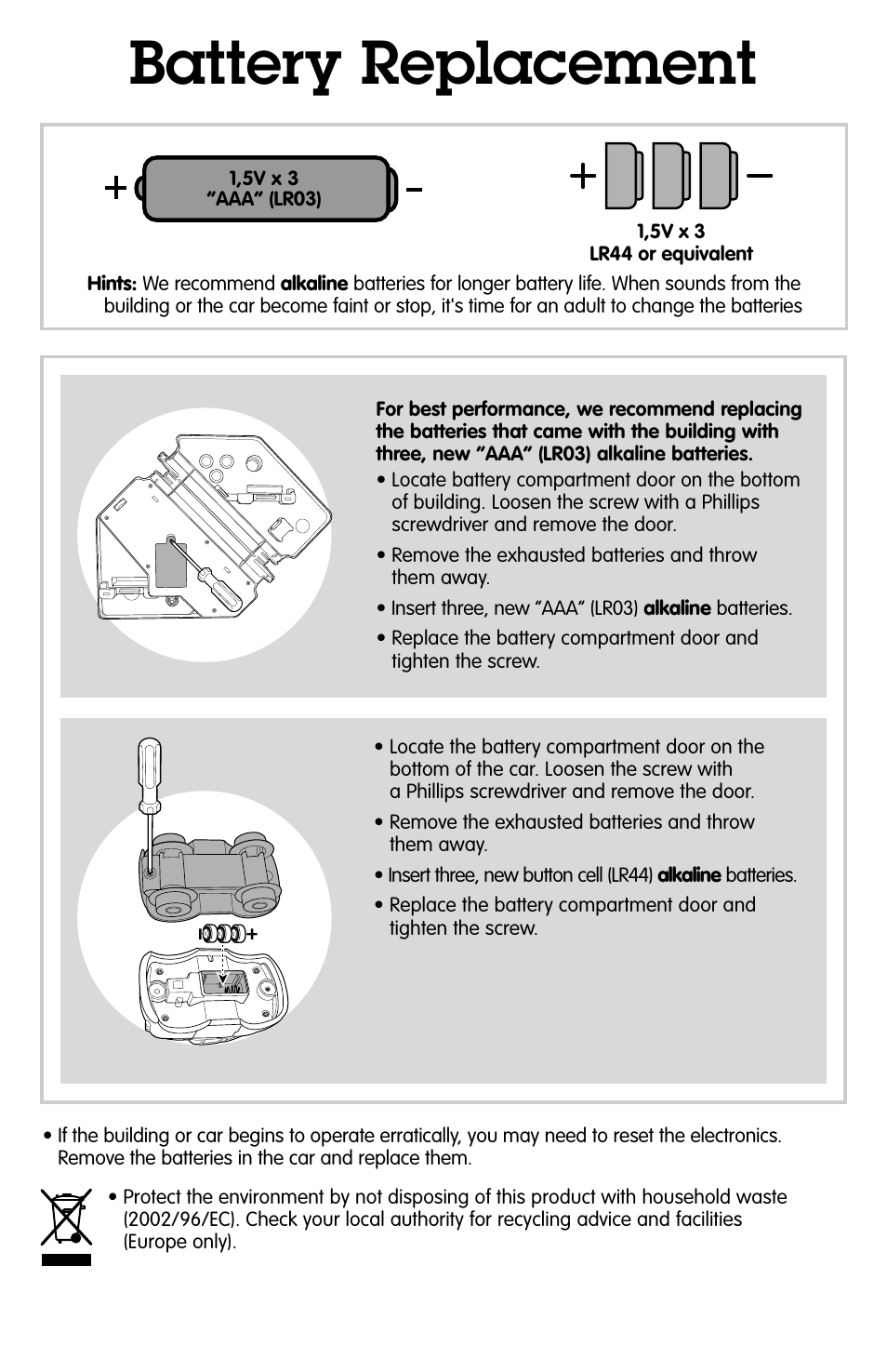 Battery replacement | Fisher-Price GEOTRAX T7160 User Manual | Page 2 / 4