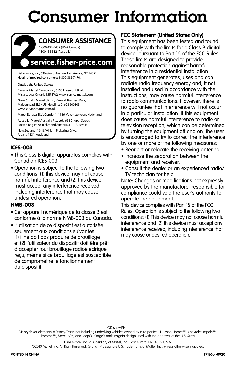 Consumer information, Consumer assistance | Fisher-Price GEOTRAX T7160 User Manual | Page 4 / 4