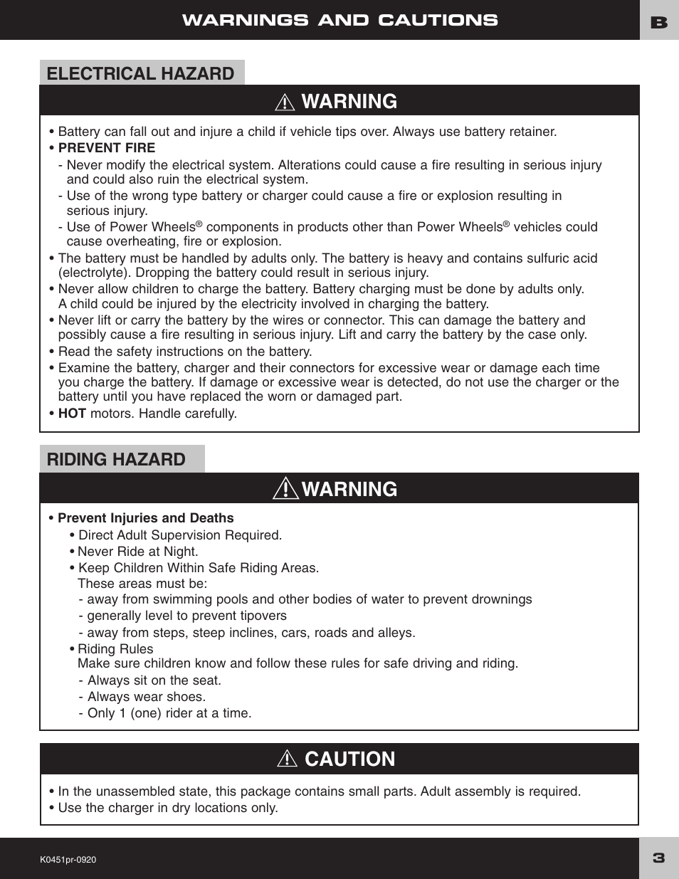 Caution, Warning, Electrical hazard | Riding hazard | Fisher-Price K0451 User Manual | Page 3 / 20