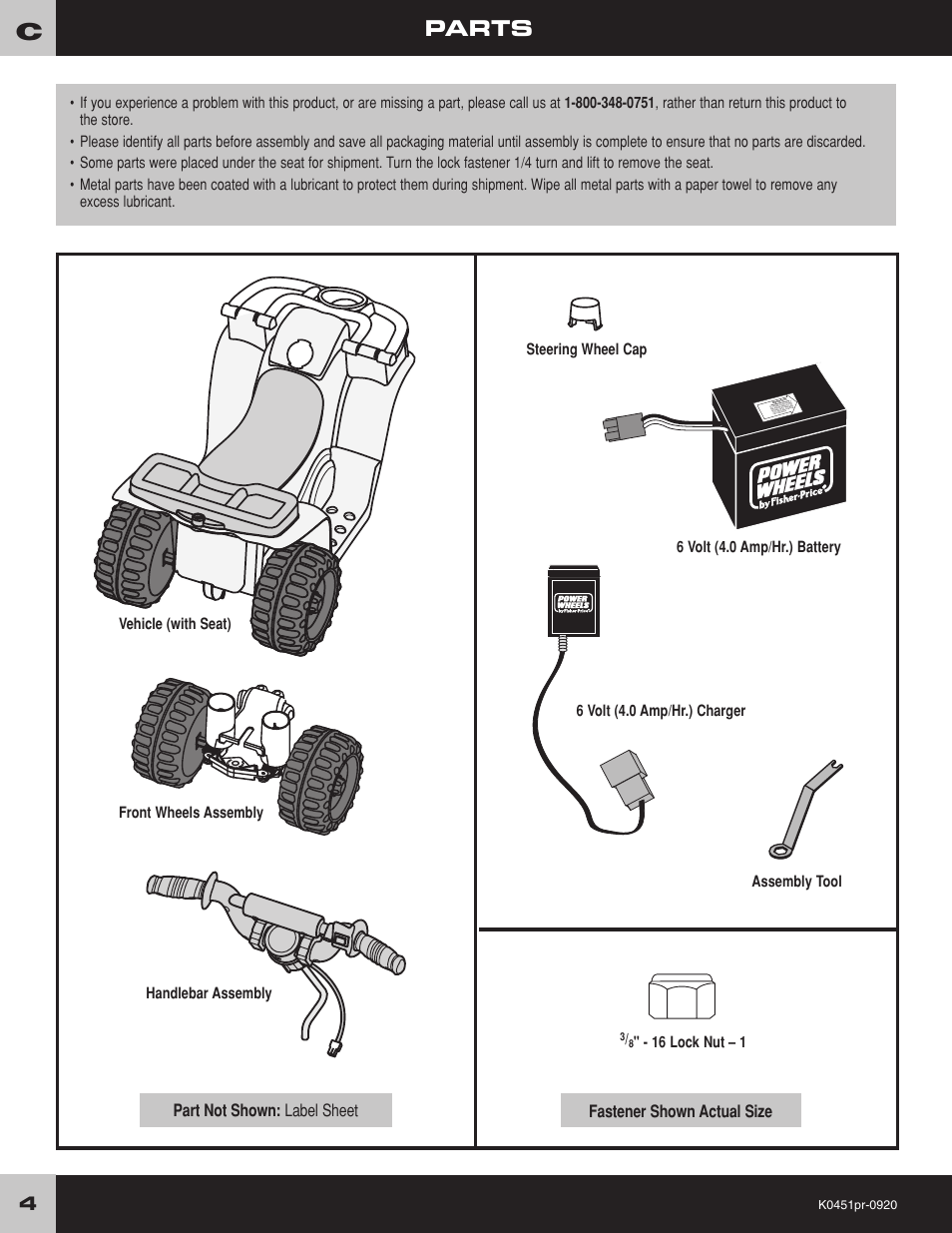Parts, Vehicle (with seat), 16 lock nut – 1 assembly tool | Fisher-Price K0451 User Manual | Page 4 / 20