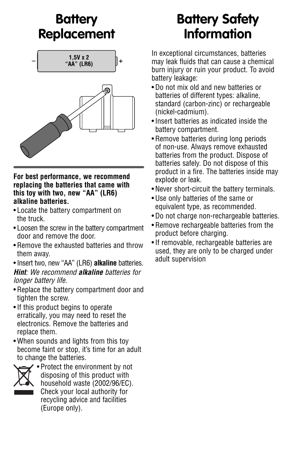 Battery replacement, Battery safety information | Fisher-Price V1445 User Manual | Page 2 / 4