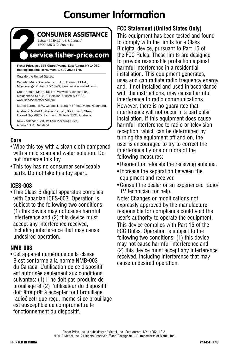 Consumer information, Consumer assistance | Fisher-Price V1445 User Manual | Page 4 / 4