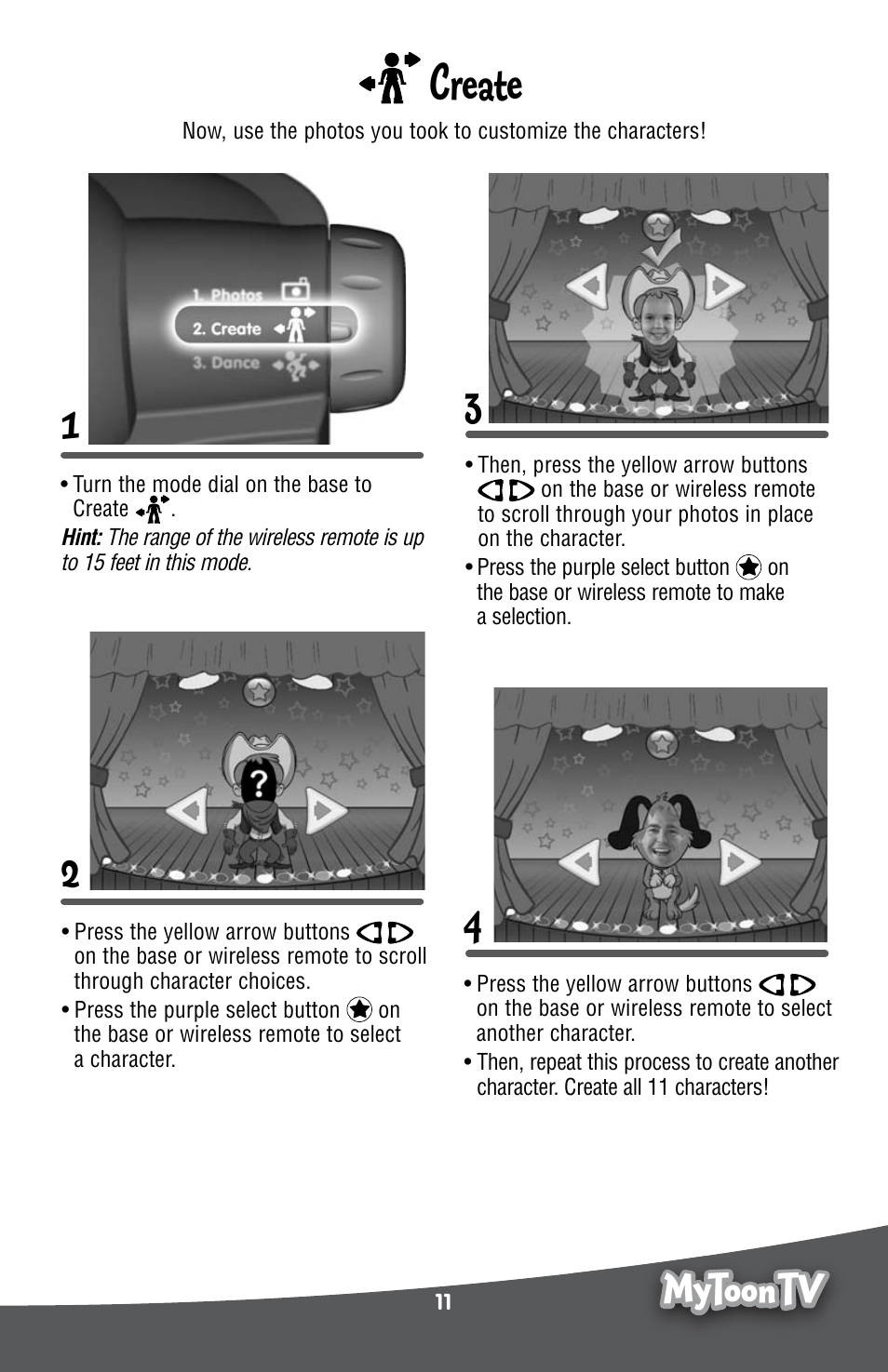 12 3 4 create, Mmytoon toon tv tv mytoon tv | Fisher-Price MYTOONTV P6798 User Manual | Page 11 / 20