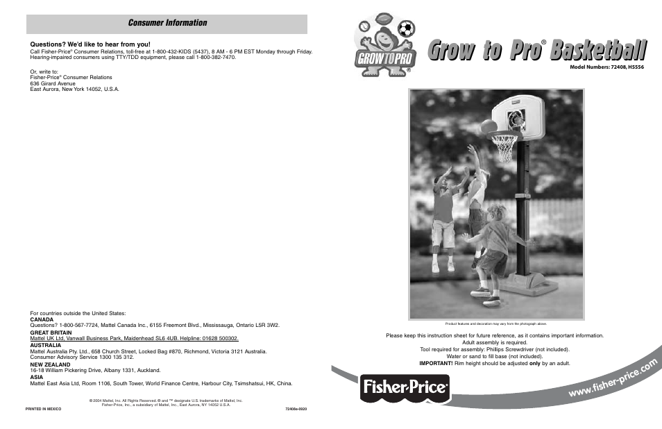 Fisher-Price GROW TO PRO BASKETBALL H5556 User Manual | 4 pages