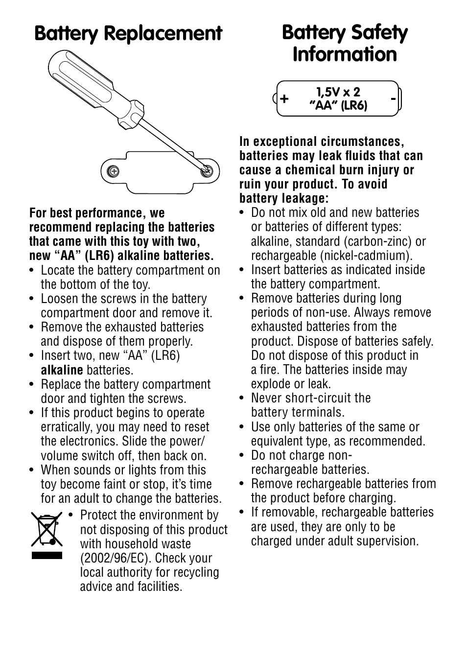 Battery replacement battery safety information | Fisher-Price Tummy Time Crawl Along Sit & Play R8639 User Manual | Page 2 / 4