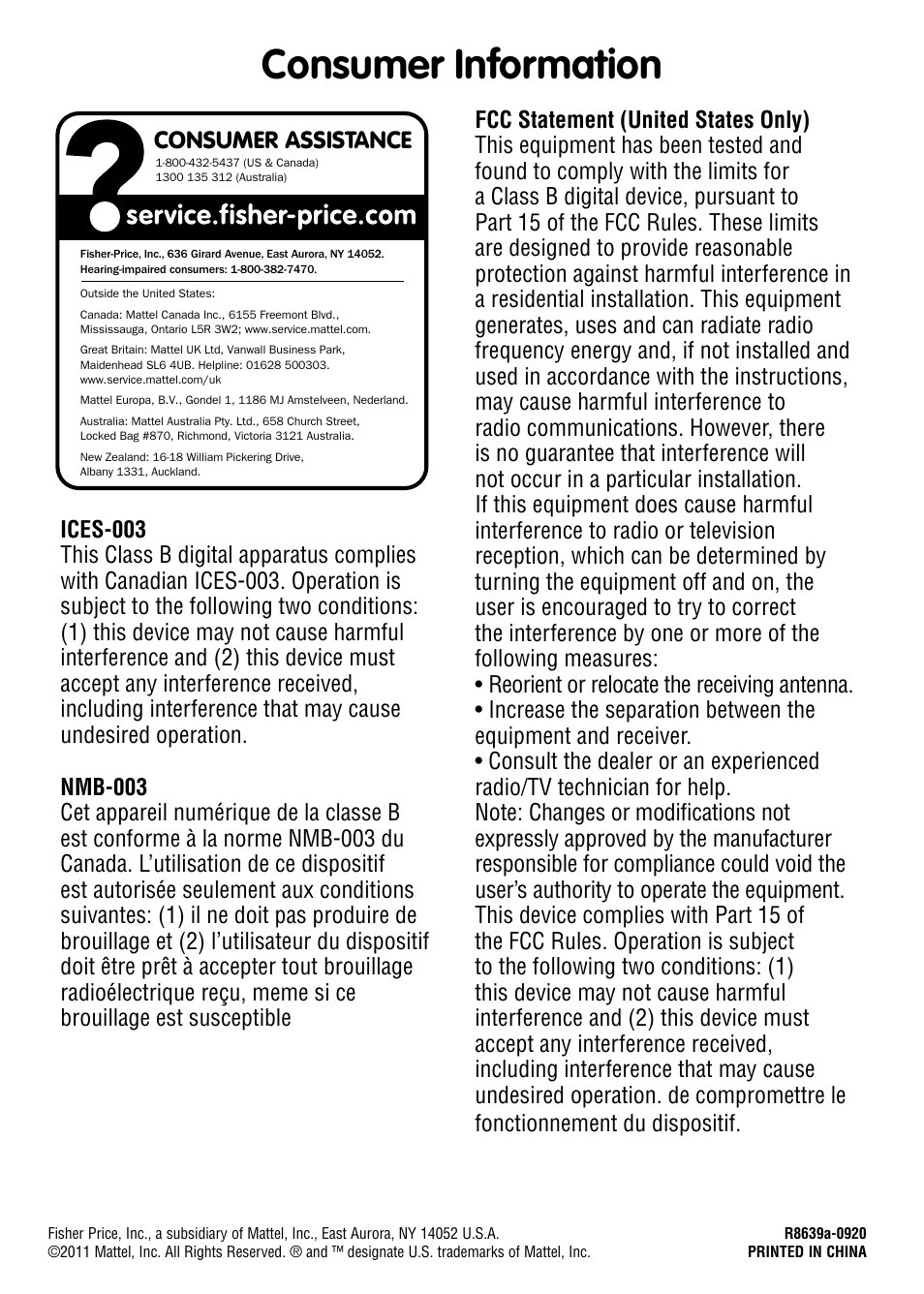 Consumer information | Fisher-Price Tummy Time Crawl Along Sit & Play R8639 User Manual | Page 4 / 4