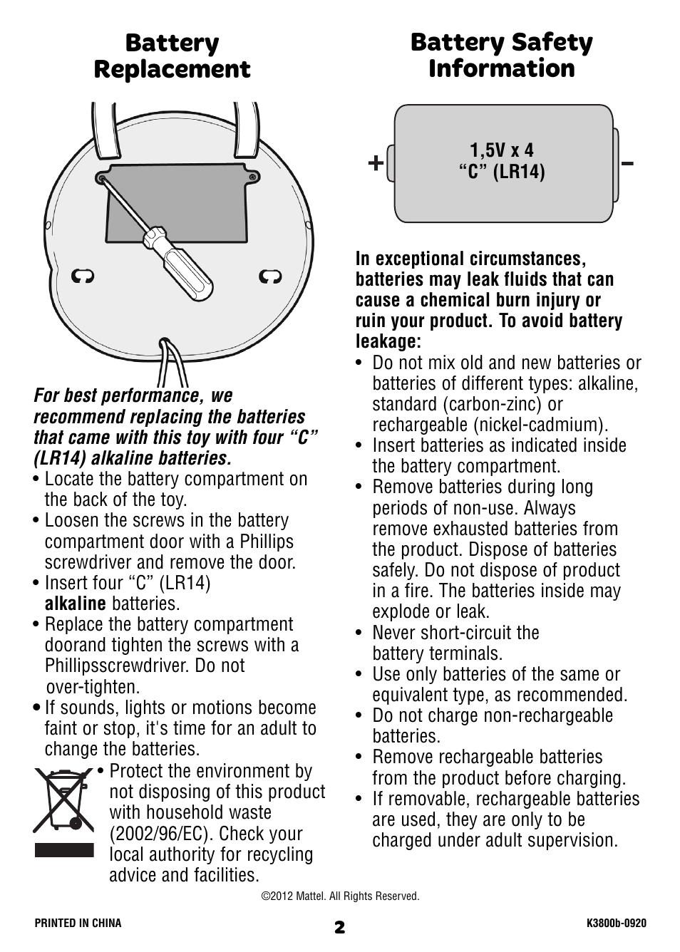 Battery replacement, Battery safety information | Fisher-Price K3800 User Manual | Page 2 / 6