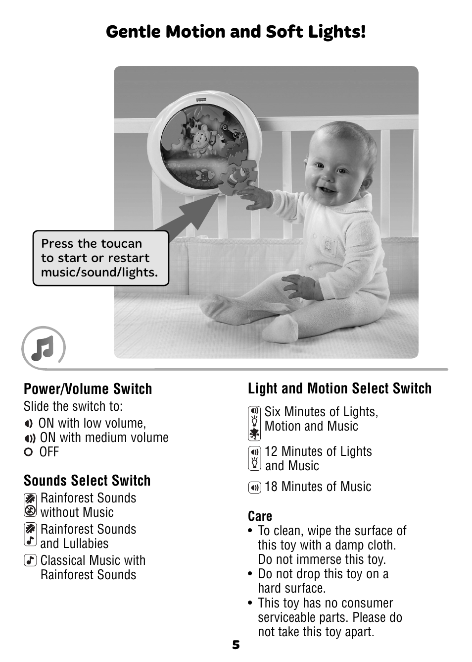 Gentle motion and soft lights | Fisher-Price K3800 User Manual | Page 5 / 6