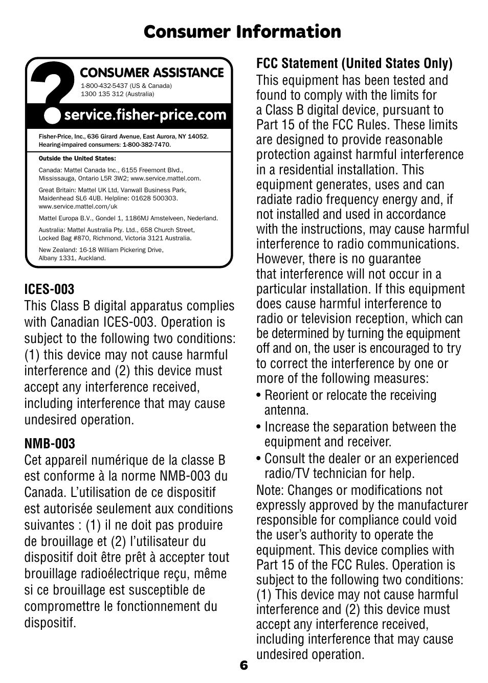 Consumer information, Consumer assistance | Fisher-Price K3800 User Manual | Page 6 / 6