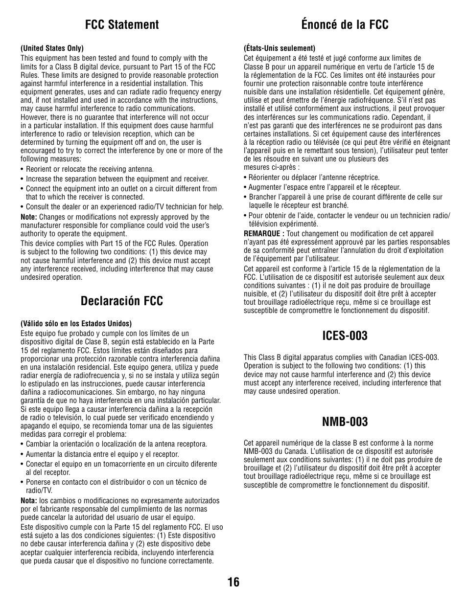 Fcc statement declaración fcc énoncé de la fcc | Fisher-Price R6069 User Manual | Page 16 / 24