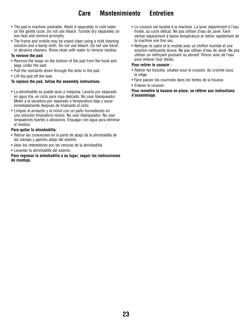 23 care mantenimiento entretien | Fisher-Price R6069 User Manual | Page 23 / 24